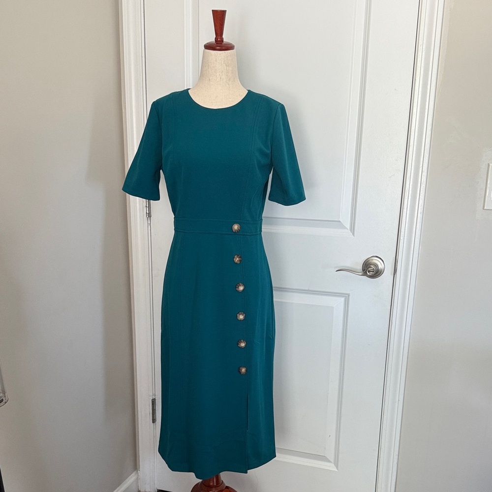 Maggy London Teal Midi Dress with Side Button Detail